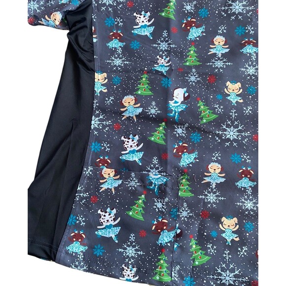 Green Town Christmas Scrub Top - 2X - Gray w/ Christmas Trees & Ballerinas - Picture 4 of 5